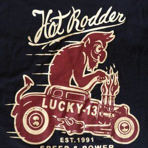 LUCKY 13 HOT RODDER DEVIL SPEED & POWER 2 SIDED BLACK L T SHIRT (PRE-OWNED)